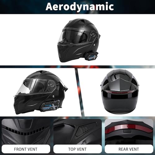 Bluetooth Modular Motorcycle Helmets with Tail Lights, DOT Certified Flip-Up Dual Visor Full Face Helmets for Men & Women Moto ATV UTV Snowmobile ADV Four Wheeler Street Bike