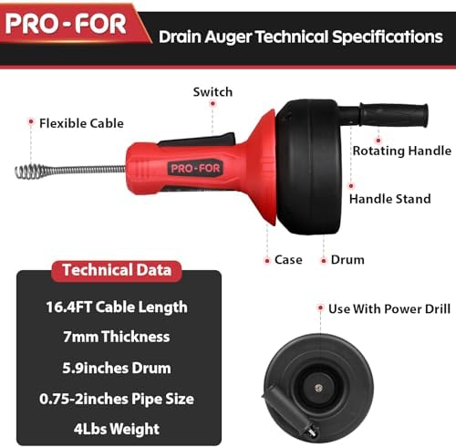 Drain Auger, 16.4FT Plumbing Snake Drain Clog Remover, Manual & Drill Powered Drain Snake for 0.75–2 Inch Pipes, Sink, Shower, Bathtub, Toilet