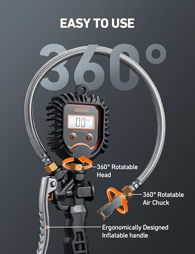 AstroAI Digital Tire Pressure Gauge, Heavy Duty Tire Inflator Gauge 250PSI Air Chuck Compressor Accessories with Stainless Braided Hose