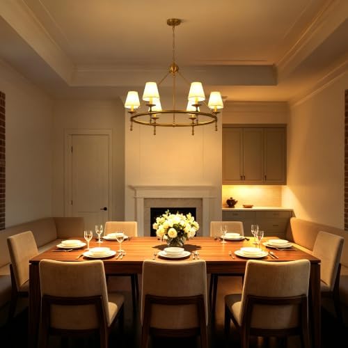 Klgxnrd 6-Light Brushed Gold Wagon Wheel Chandelier with White Fabric Shade | Diameter 34", 5-Layer Electroplated Metal, Height Adjustable 29" To 106"
