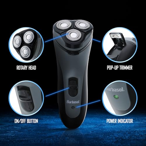 Barbasol Rotary Shaver, Rechargeable Electric Rotary Shaver with Stainless Steel Blades, Pop-Up Trimmer, Wireless Cordless Electric Razor, Close Shave