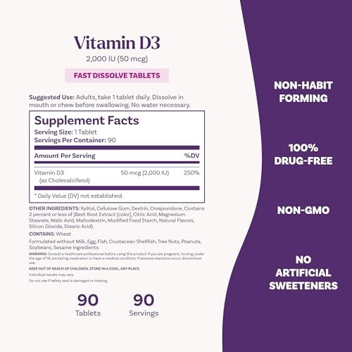 Natrol Vitamin D3 2, 000 IU Fast Dissolve, Bone & Joint Health, 90 Tablets | Dietary Supplement for Immune, Bone and Joint Health