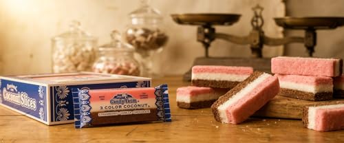 Neapolitan Coconut Slice Candy Bars (Vanilla, Chocolate & Strawberry-striped moist coconut 1.65 Ounce Bars)
