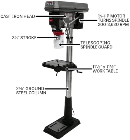 JET 15-Inch Floor Drill Press, 16 Speed, 3/4 HP, 115/230V 1Ph (Model J-2500)