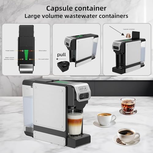 KOTLIE 19 Bar Single Serve Coffee Maker for K*cup, Nes Original, Dol*e Gusto, and Grounds, 34 Oz Reservoir with 7 Water Flow Settings, Ideal for Homes