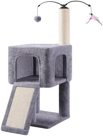 32" Cat Tree for Indoor Cats, 2-in-1 Cat House with Sisal Scratching Post & Ramp, 2-Level Cat Tower with Rotatable Feather & Ball Toys, Stable Grey Cat Condo for Small/Medium Cats, Grey