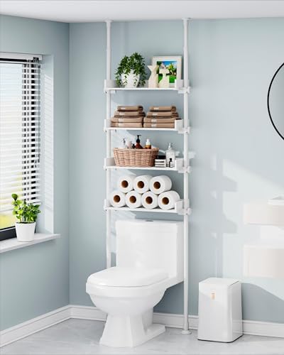 ALLZONE Bathroom Organizer, Over The Toilet Storage, 4-Tier Adjustable Wood Shelves for Small Rooms, Saver Space Rack, 92 to 116 Inch Tall