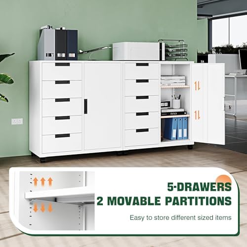 5 Drawer Storage Cabinet, Mobile Printer Stand for Home Office,Dresser Chest with Shelves and Door(White)
