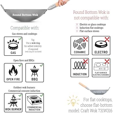 Craft Wok Traditional Hand Hammered Chinese Carbon Steel Wok with Wooden and Steel Helper Handle (14 Inch, Round Bottom Pow Wok Pan) / 731W88