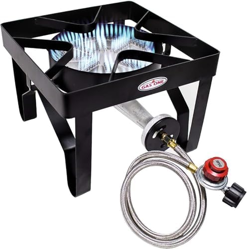 GasOne 200K BTU Propane Burner – Heavy-Duty Propane Stove – Outdoor Burner with Adjustable 0-20Psi Regulator and Steel Braided Hose – Ideal