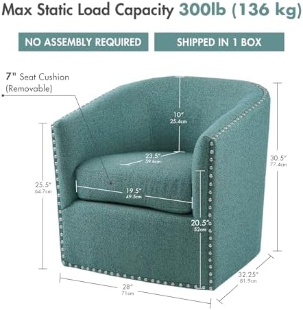 Madison Park Swivel Barrel Accent Chair, Upholstered Curved Back with 7-Inch Thick Woven Cushion, 360° Swivel, Nailhead Trim, Comfy Chair for Living Room, Bedroom, Office, 28" Wide, Neutral, Tyler