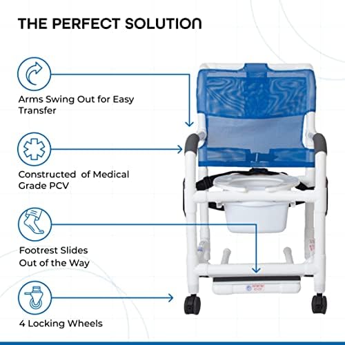 Rolling Shower Chair with Wheels & Drop Arms, Mesh Seat, 4 Locking Casters, Seat Belt, Sliding Footrest, Commode Pail – Fits Over Toilet