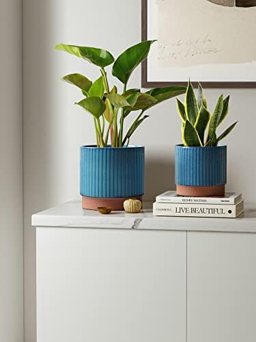 LE TAUCI Ceramic Plant Pots with Drainage Holes, Set of 3, 8+6.7+5.5 Inch Stripe Garden Planter Pots for Outdoor Indoor Plants Flower