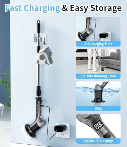 Electric Spin Scrubber with 3 Speed, Adjustable Extension Handle, 8 Brush Heads,Cordless Power Cleaning Brush for Bathroom, Tile, Kitchen-Grey
