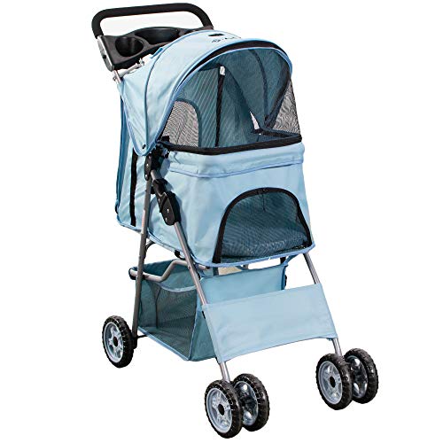 VIVO Black 4 Wheel Pet Stroller for Cat, Dog and More, Foldable Carrier Strolling Cart, STROLR-V001K