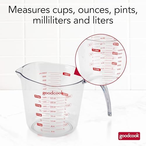 GoodCook Everyday 4-Cup Liquid Measuring Cup, Clear Plastic with Easy-to-Read Markings, Tapered Pour Spout, Comfortable Handle, Measures in Cups, Ounces, Pints, and Milliliters