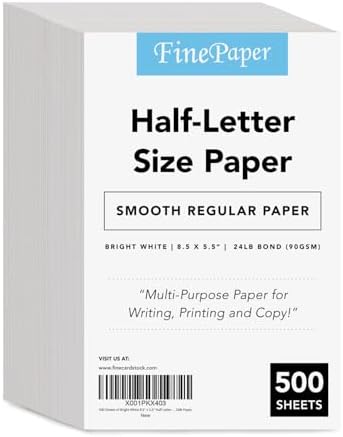 500 Sheets of Bright White 8.5" x 5.5" Half letter Size, Regular 24lb. Paper