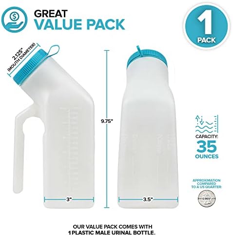Male Urine Bottle (35 oz), Portable Urinals for Men Spill Proof Nighttime, Pee Bottles for Men with Screw-On Lid