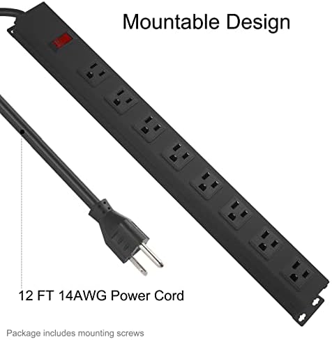 HHOSET Heavy Duty Long 8 Outlets, 14AWG Extension Cord, Black, 6FT, 1