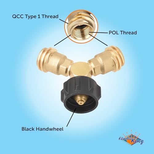 Flame King Propane Tank Y Splitter Adapter with Valves, 2-Way LP Gas Connector for 20lb Propane Tank Cylinders, Works with BBQ Grills, Camping Stoves