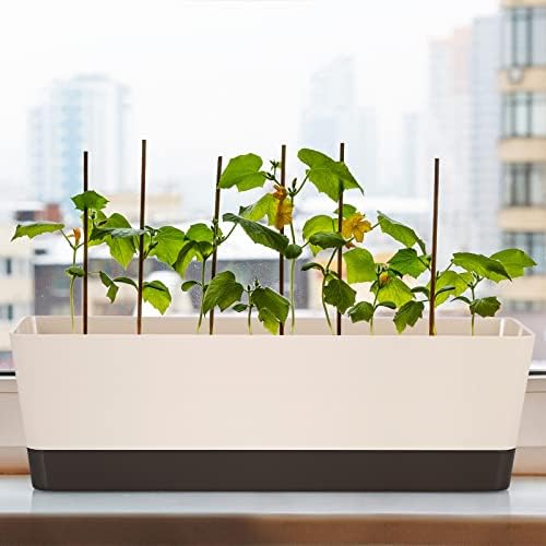 Skelang 3 Pcs Rectangular Plant Pot, 12" Watering Container with Drainage Hole, Window Planter Box with Saucer for Succulents, Flowers, Indoor Plants
