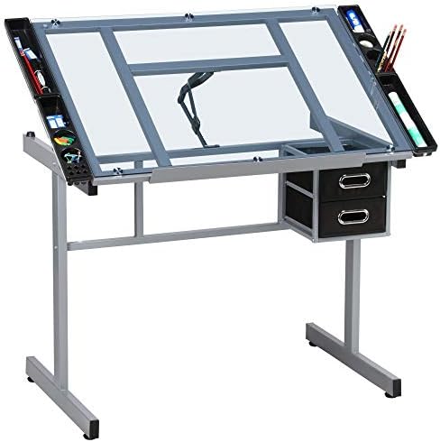 Yaheetech Glass Drafting Table with Storage, Adjustable Art Drawing Desk | Tempered glass top on a steel frame tilts 0-60° for drawing, tracing