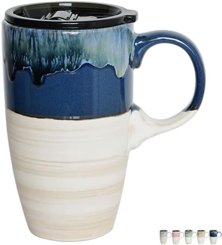 Bosmarlin Ceramic Travel Coffeel Mug with Handle and Lid, 18 oz, Portable Coffee Cup for Car Cup Holder, Microwave and Dishwasher Safe
