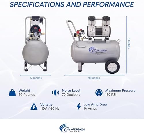 California Air Tools 15020C Powerful 2.0 HP Ultra Quiet and Oil-Free Air Compressor with Wheels, 15 Gallon Tank Capacity, 70 dB Noise Level, Electric