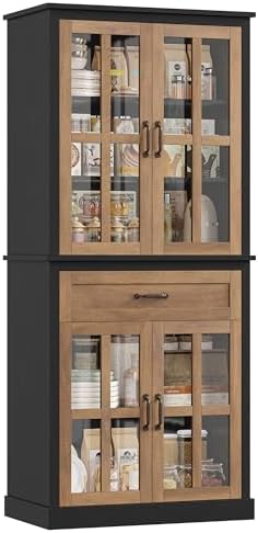 FOTOSOK 71'' Tall Kitchen Cabinet with Glass Doors and Drawer | Freestanding Food Pantry with Adjustable Shelves for Dining, Living Room, Natural