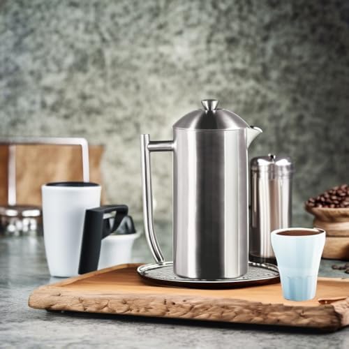 Frieling Double-Walled Stainless Steel French Press Coffee Maker - 36 oz Polished & Insulated Press Pot - Stainless Steel Coffee Maker