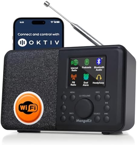 SR10 WiFi Radio, Bluetooth, FM & Internet, Walnut | 60 presets, dual alarms, colour display, OKTIV App control, podcast player, mains or AA battery, headphone jack, compact
