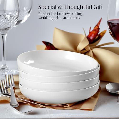 DeeCoo 7 Pack Porcelain Pasta Bowls Ceramic, Large Serving Bowl, Wide and Shallow, Set 8.3 Inch - 30 Ounce - for Pasta, Salad, Cereal