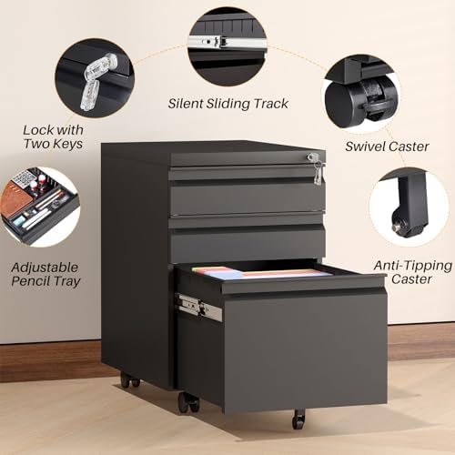 3-Drawer Mobile Steel Filing Cabinet with Lock, Fully Assembled Under Desk File Cabinet for Letter/Legal/A4 Size, Heavy Duty Storage Organizer for Home Office