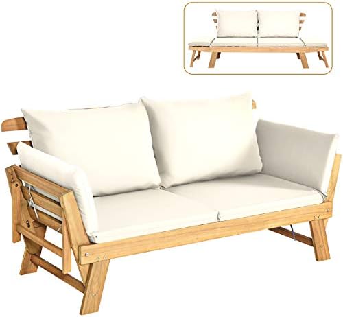Tangkula Convertible Acacia Wood Patio Couch Sofa Bed with Adjustable Armrest, Outdoor Daybed with Cushion & Pillows