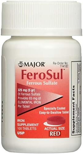 Ferrous Sulfate FC 325mg (5GR) Generic for Feosol Red Tablets 100 Tablets per Bottle 4 Pack Total 400 Tablets by Major Pharmaceuticals