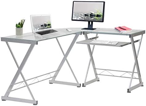 Techni Mobili L Shaped Desk with Keyboard Tray & Tempered Glass Desktop | Home Office, Corner Desk, Work From Home, Professional