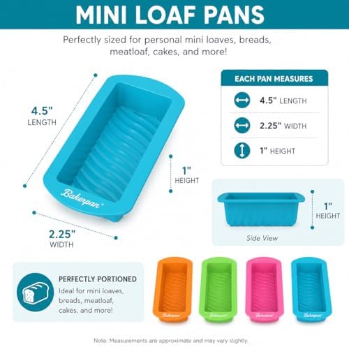 Bakerpan 4 Pack Silicone Mini Loaf Pans for Baking - 4.5 Inch Reusable Molds for Banana Bread, Pound Cake, Bread Loaves & Mini Cakes - Non-Stick