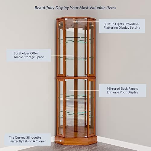BELLEZE Lighted Corner Display Curio Cabinet Wooden Curved Shelving Unit with Tempered Glass Door