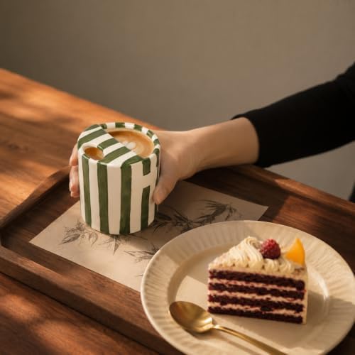 Ceramic Coffee Mug with Sip Hole Striped Travel Espresso Cup with Sleeve | Retro Hand-Painted Multiple Use