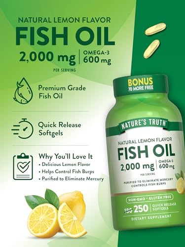 Nature's Truth Fish Oil 2000 mg | 600 mg Omega 3 | 250 Softgels | Natural Lemon Flavor | Non-GMO and Gluten Free Supplement | Natural Lemon Flavor
