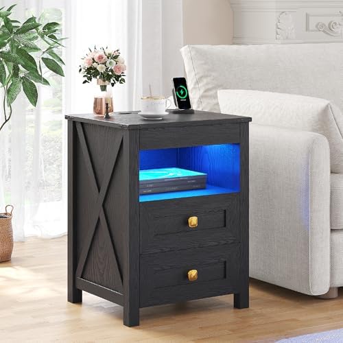 TAGELIER LED Nightstand Set of 2 with Charging Station, Brown | Invisible Lock Hidden Drawer, Smart Human Sensor Light, Farmhouse Bedside Table