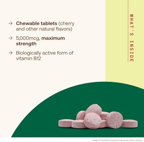 Jarrow Formulas Methyl Vitamin B12 5000 mcg - 60 Chewable Tablets, Naturally Fruit Flavored- Bioactive B12 Vitamin - Supports Cellular Energy Production, Brain Health & Metabolism - 60 Servings | Fruit Flavored, Bioactive B12 Vitamin, Supports Cellular E…