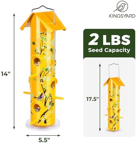 Kingsyard Metal Bird Feeders for Outdoors Hanging, Tube Bird Feeder | 14 in, 6 Feeding Ports, drainage holes, 2 lbs Seed Capacity, Weatherproof, Stays Dry & Fresh, Easy to Clean & Refill, Yellow