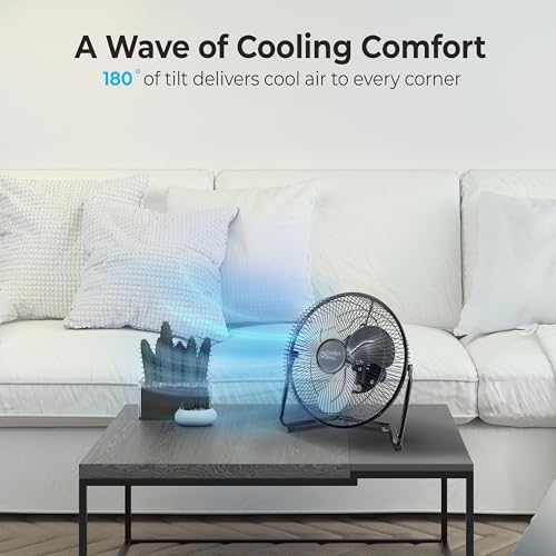 Comfort Zone 9 inch Cradle Fan, 3 Speed Floor or Table Fan with180 Degree Tilt, Metal Construction and Aluminum Blades, Carry Handle, Rubber Feet, Ideal for Bedroom, Workshop, or Garage, Black