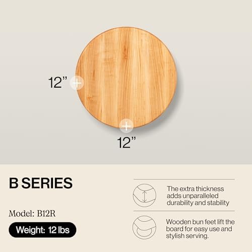 John Boos B Series Round Wooden Maple Cutting Board 12”x12” – 1.5” Thick, 12-lb Non-Reversible Butcher Block with Wood Bun Feet & Edge-Grain