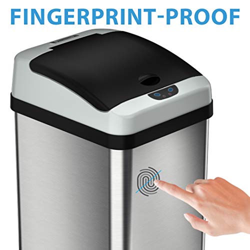 iTouchless Touchless Trash Can with AC Adapter, 3 Odor Filters Big Lid Opening Sensor Kitchen Garbage Bin, 13 Gallon, Stainless Steel, Platinum