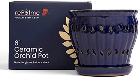 rePotme 6" Pinwheel Fluted Ceramic Plant Pot (Cream Over Lavender) - Includes Free 6 inch Slotted Pot Liner - Great for Orchids, Succulents