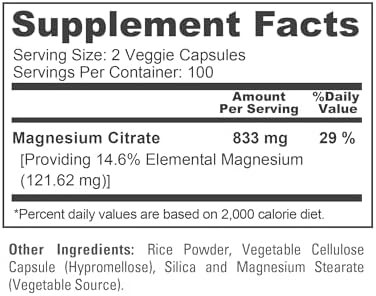 Magnesium Citrate, Non-GMO, Vegan, 833mg, 200 Veg Capsules - 100 Servings | Mineral Formulation, 14.6% Elemental Magnesium Citrate