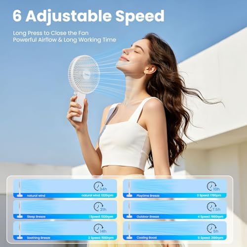 HandFan Quiet 6 Inch Handheld Fan [34H Max Cooling Time], 6 Speed Rechargeable Personal fan and Desktop with Base