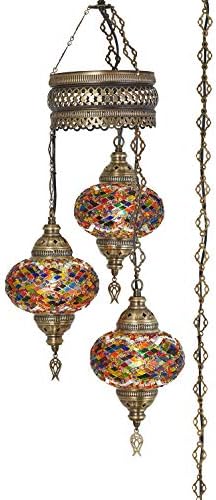 DEMMEX Plug-in Turkish Hanging Lamp, Handmade Moroccan Mosaic Chandelier Pendant Light Fixture with 15-ft Cord & Chain, Decorative Ceiling Lamp for Living Room, Bedroom, 3 Large 7'' Globes, 3.5 ft.